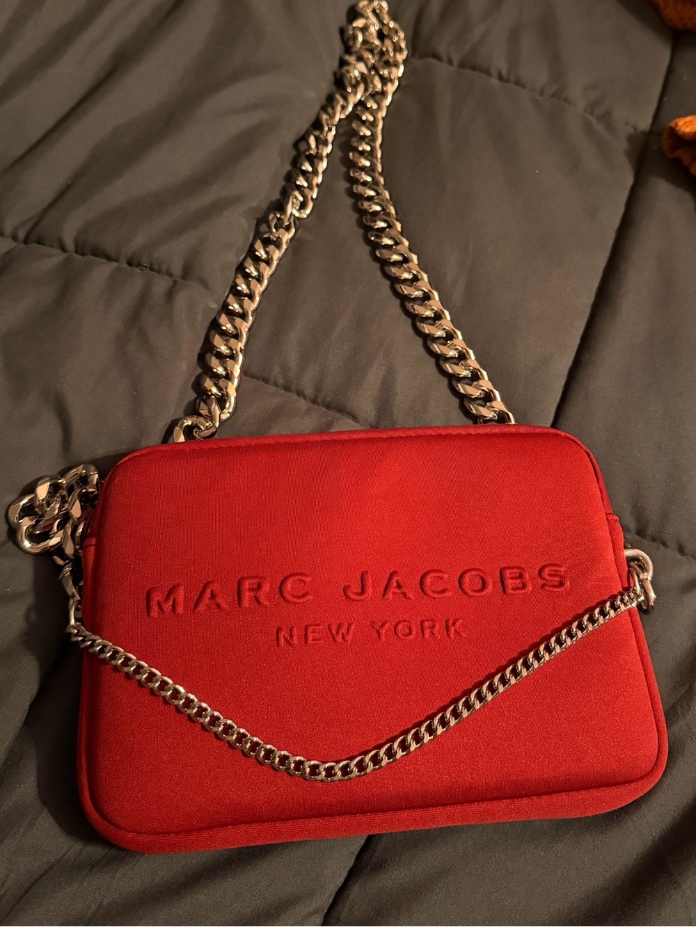 Marc Jacobs Red Quilted Logo Crossbody with Silver Chain